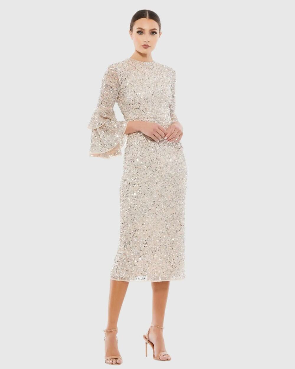 NWT Mac Duggal Nude Silver Sequined Ruffle Tiered 3/4 Sleeve Midi Dress Plus 22